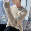 Women's Loose Casual Merino Wool Round Neck Sweater - Solid Color Wavy Pattern (Autumn/Winter Collection)