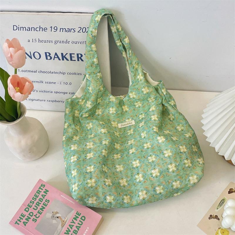 Ins New Green Lotus Shoulder Bag Fresh Printed Vest Bag Student Class Bag Laceup Schoolbag