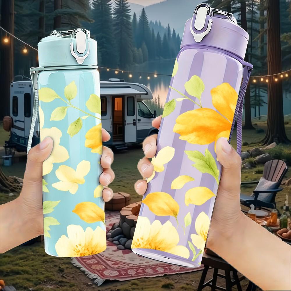 1PC Bright Yellow Daisy Floral Pattern Print 750ml Color Plastic Sports Water Bottle Leakproof Flip Straw Lid Suitable for Sports Office Home Use