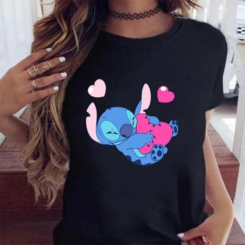 New Fashion FeUnisex Clothing Cartoon Disney Stitch Womens Tshirt Summer Short Sleeve Black Tops