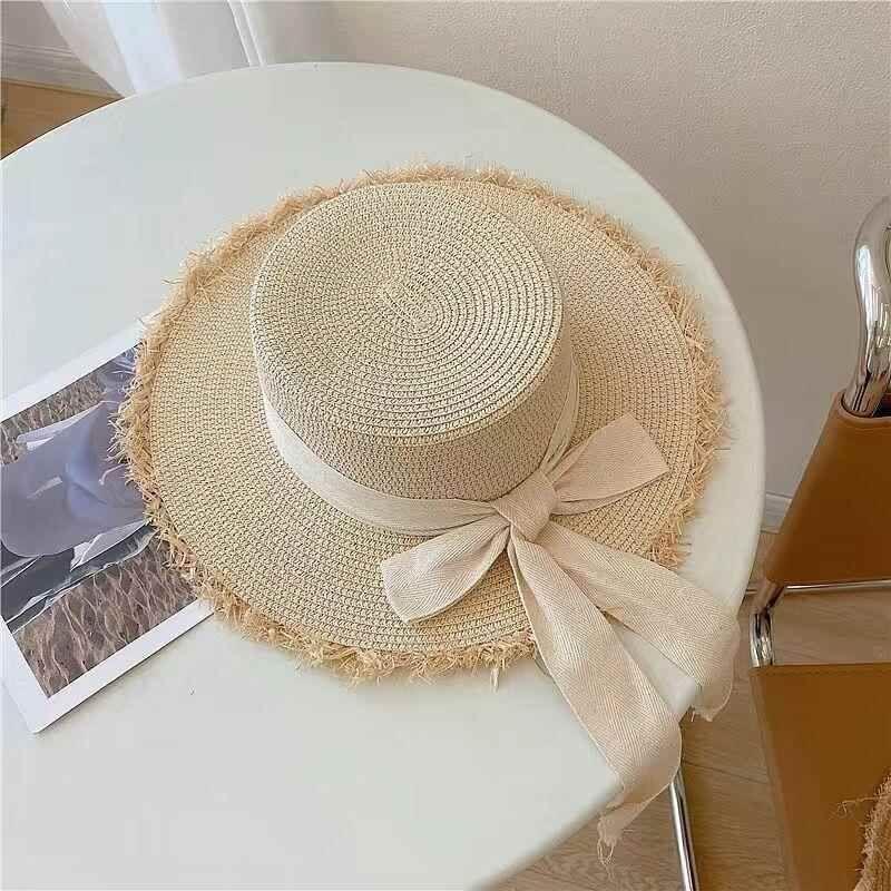 

Straw Hat Women s Summer Breathable Lace Chain Strap Straw Hat Sweet Sun Hat Big Brim Travel Seaside Beach Hat D-322 beige + beige tape