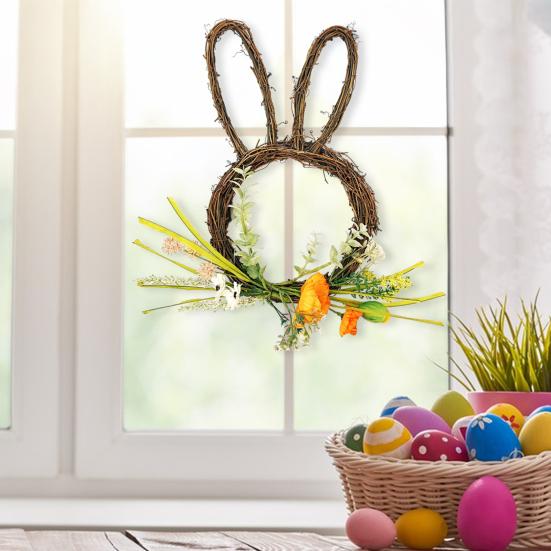 Osterhase Kranz Kleine Hasenform Rattan Kranz mit Pastell-Eiern Blumen für Haustür Innen Außen Frühling Haus Fenster Wand Dekoration