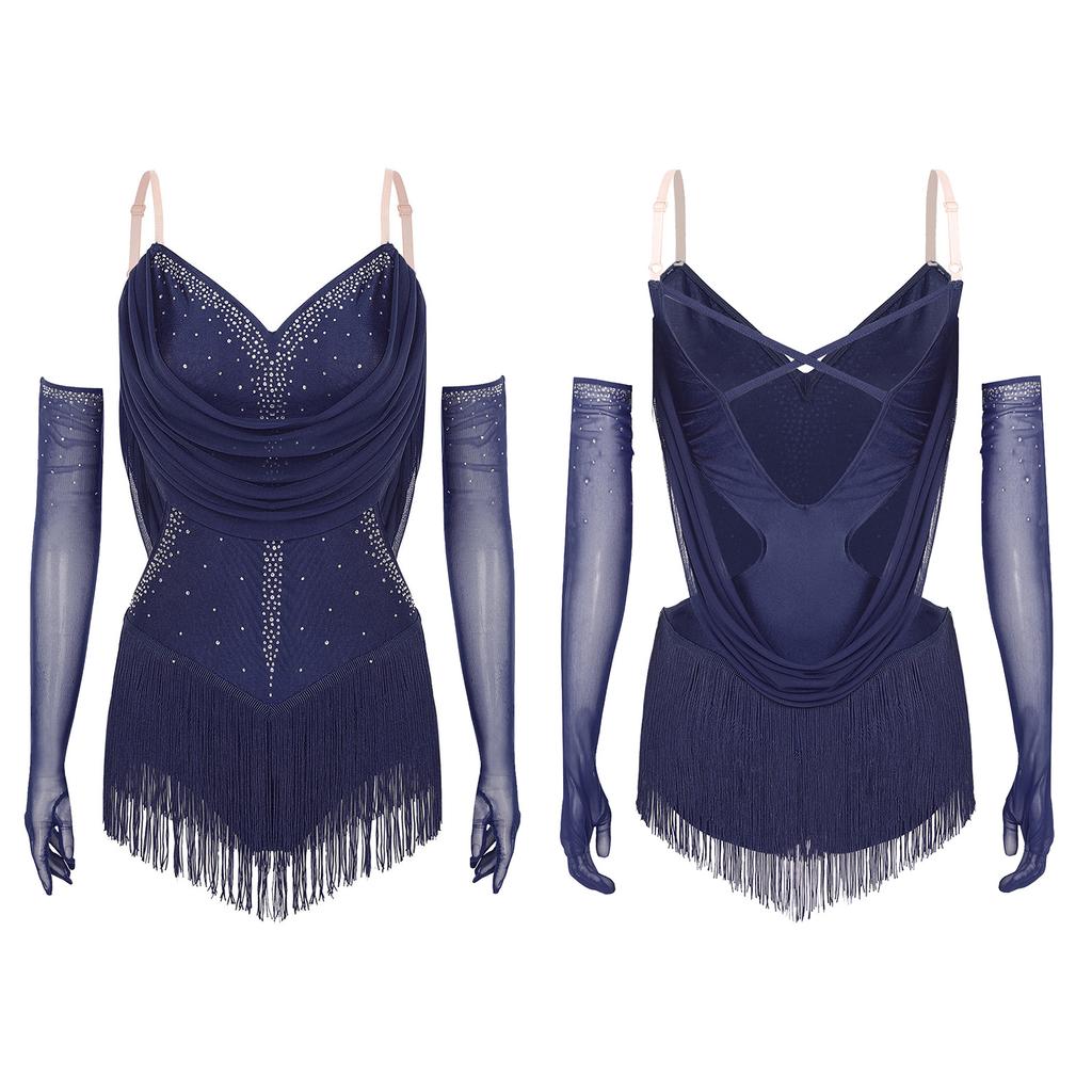 Womens Tassel Jazz Latin Dance Leotard Dress Glittery Rhinestones Adjustable Straps Cutout Fringed Bodysuit with Gloves