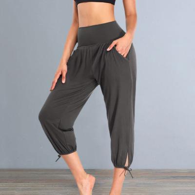 Frauen Casual Yoga Hosen Breiter Bund Hohe Taille Geerntete Hosen Taschen Design Einfarbig Dehnbare Sport Hosen