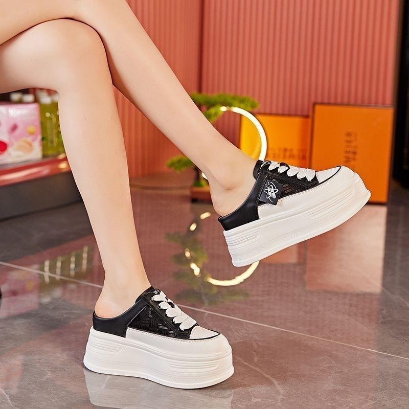 7CM mesh thick-soled bag head half slippers women's 2026 spring and summer versatile height-increasing muffin dad shoes