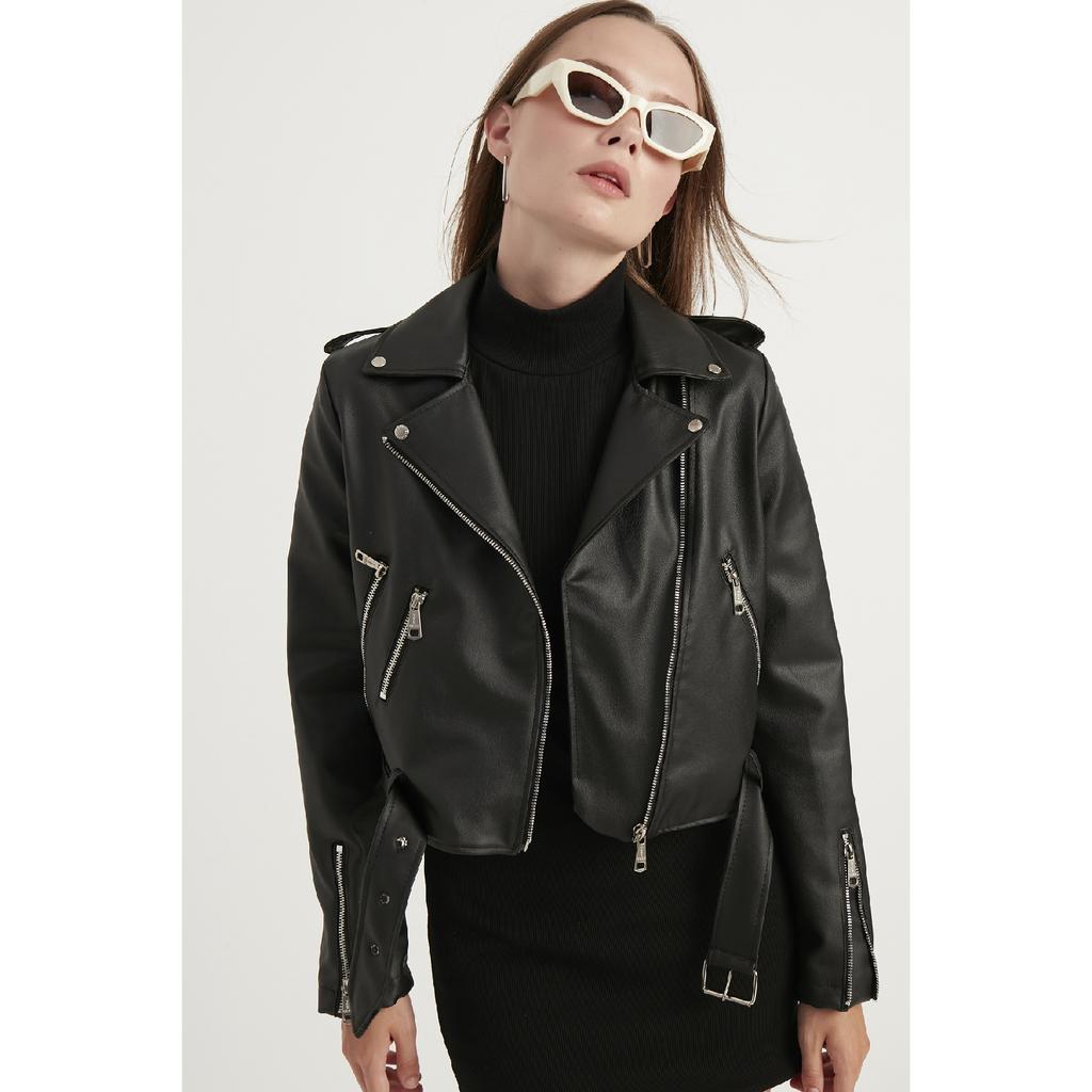 Jachetă de piele neagră cu fermoar pentru femei