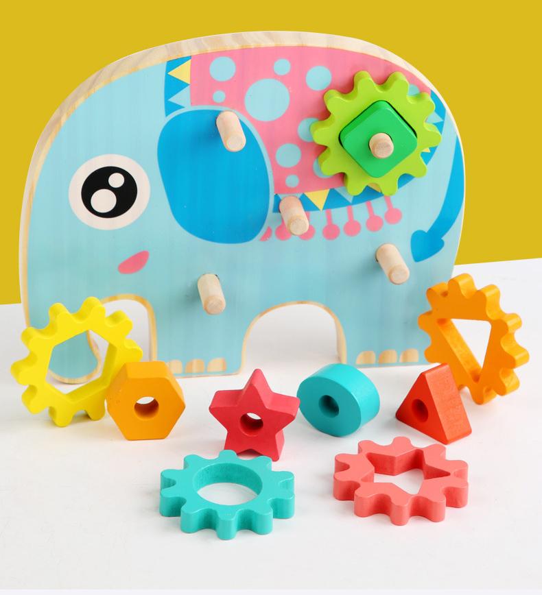 Children's Educational Toy Geometric Shape Matching and Inserting Column Wooden Building Blocks Gear Set Early Learning Toys