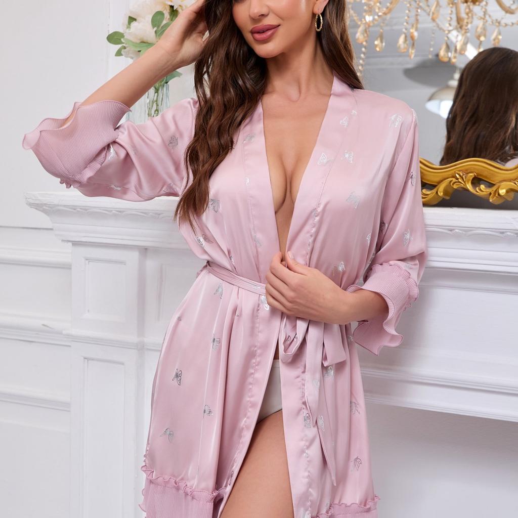 Pigiama da donna in raso di seta ghiacciata con bordo a fungo, farfalla, primavera, sexy, camicia da notte, atmosfera dolce, accappatoio, abbigliamento da casa