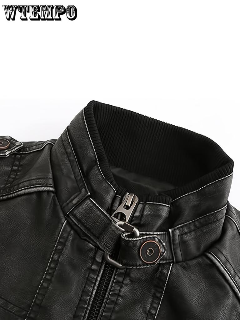 Men's Casual Vintage Style PU Leather Jacket With Pockets -  Stylish & Durable - For Everyday Wear - Perfect Gift for Fashionable Men