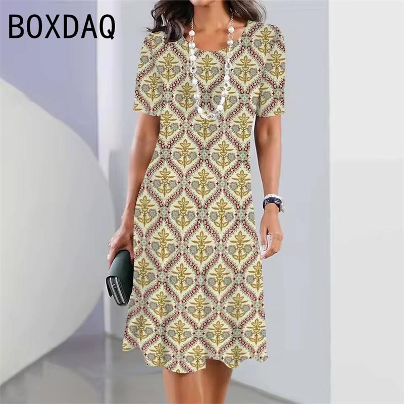 Retro Ethnic Print Mini Dress Women's Fashion Street Style Summer Short Sleeve Round Neck Casual Dress Vestidos De Mujer
