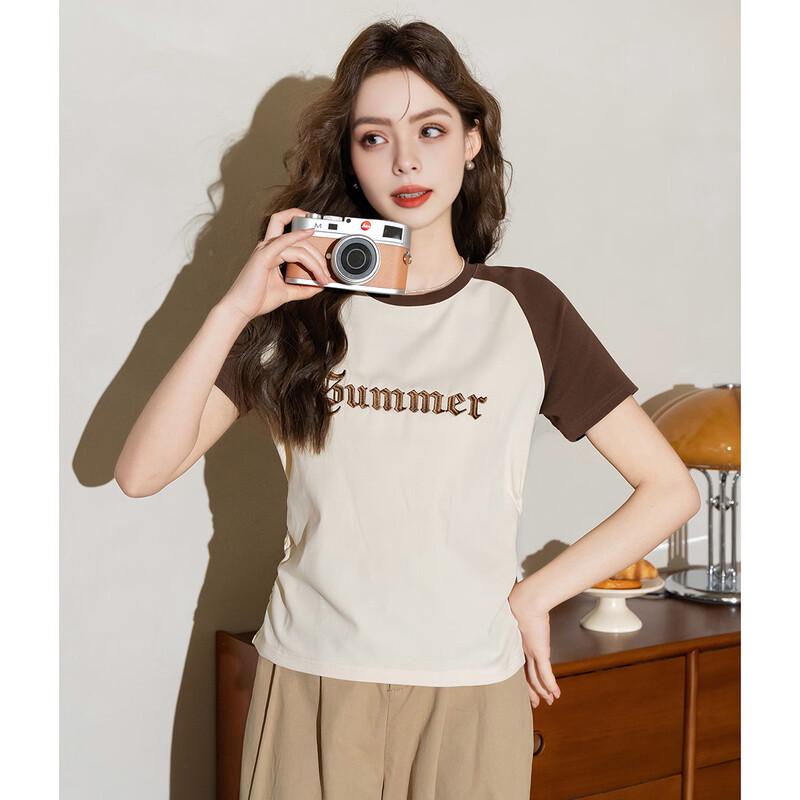 French Box Letter Embroidery Pleated Short Sleeve T-shirt S