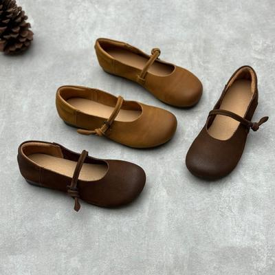 Handmade Leather Single Shoes Round Toe Flat Soft Frosted Cowhide Shoes