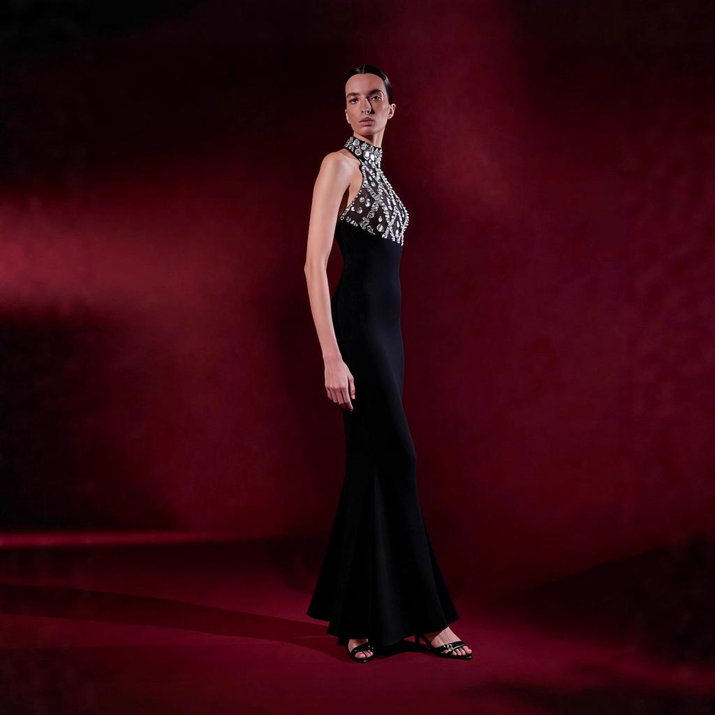 Fashion European and American women's clothing, sexy sleeveless backless neck nails drilled waist long evening dress bandage skirt