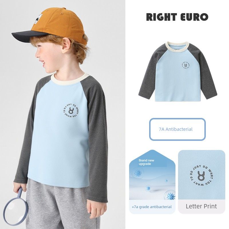 Raglan Long-Sleeve T-Shirt, Spring and Autumn 2026 New Model, Children s Spring and Autumn Clothing, Baby Toddler Base Shirt, Children s Clothing Sky Blue Background and Gray Sleeves 140