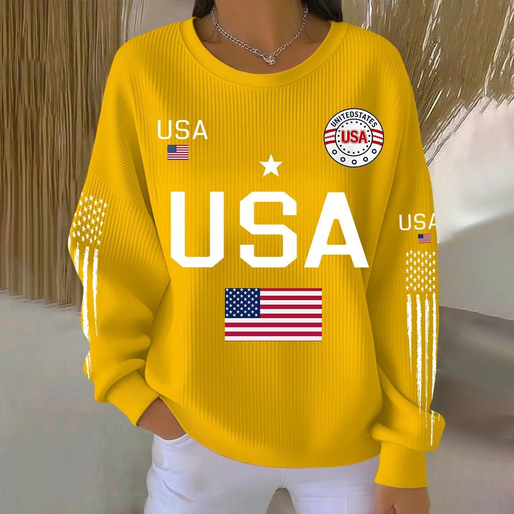 Bluza z długim rękawem z nadrukiem liter USA, z okrągłym dekoltem, casualowa, luźny krój, top dla kobiet, mężczyzn, unisex, wzór flagi