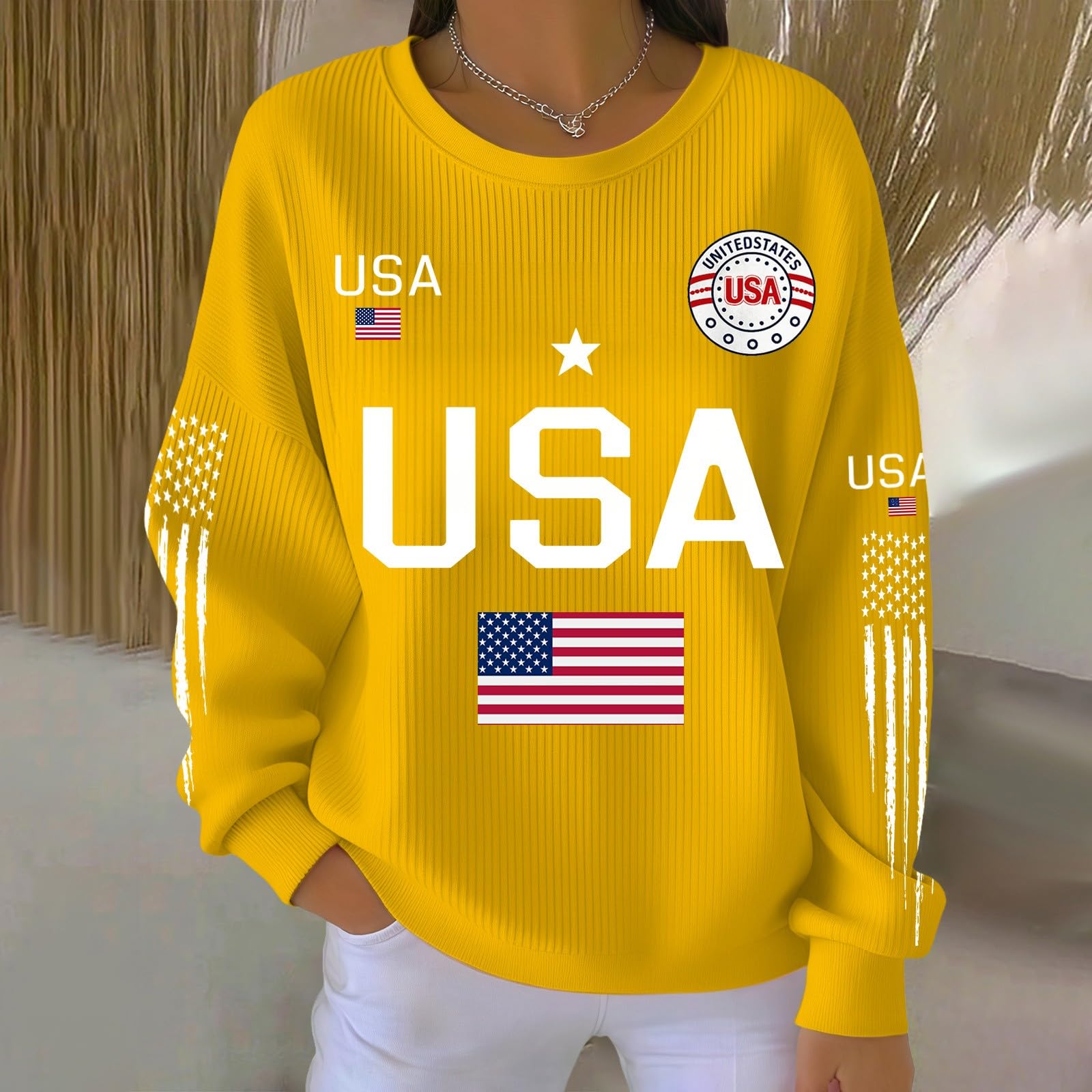

Women s USA 250th Anniversary Printed R-Neck Pullover Sweatshirt Casual Ribbed Long Sleeve Graphic Top XXL жёлтый