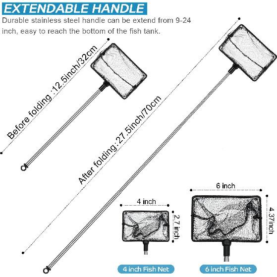 2 Pieces Fish Tank Net Aquarium Mesh Fish Net Long Handle Fish Net with Extendable 12.5-27.5 Inch Stainless Steel Catch Nets for Fish Tank Aquarium