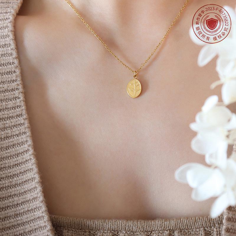 Leaf Oval Pendant Necklace for Women - Gold Plated, Fade-Resistant Titanium Steel