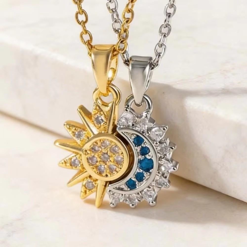 Zircon Rhinestone Sun Moon Necklace 2Pcs Set Couple Necklace Set for Gift Giving