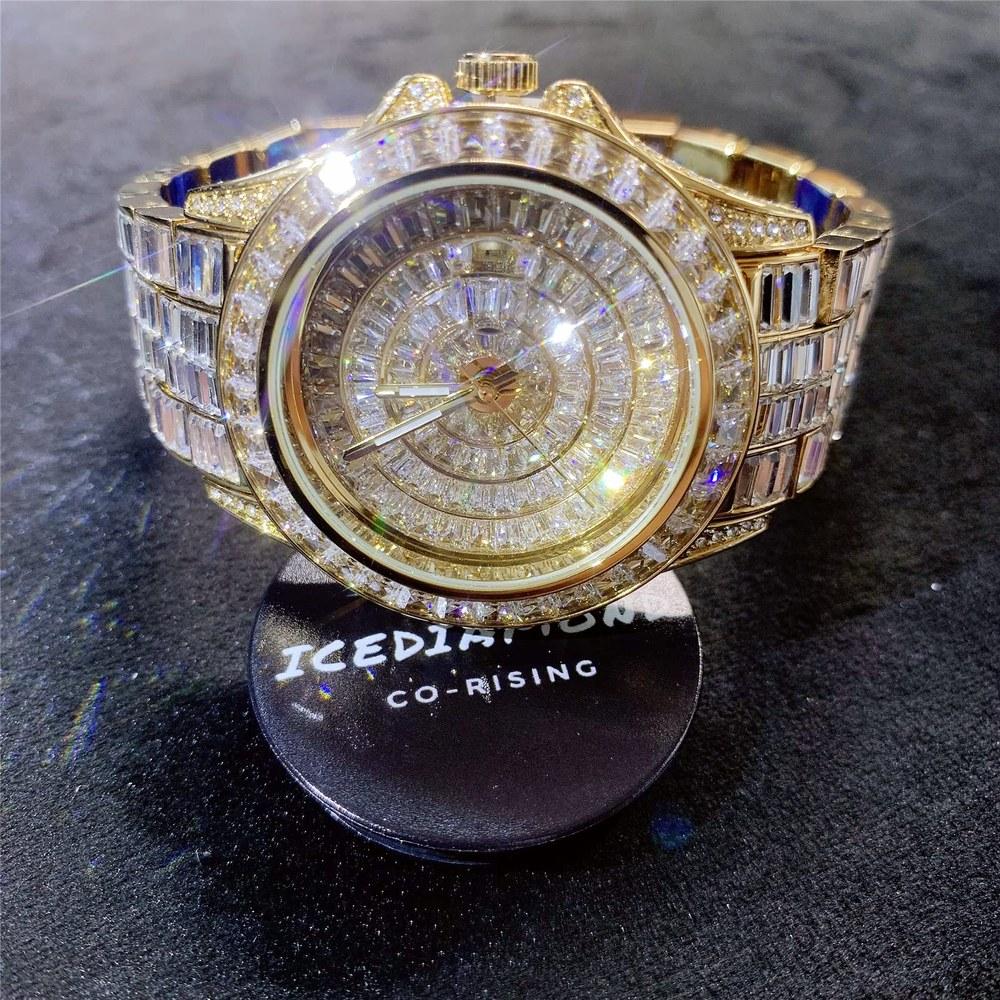 ICEDIAMOND 42mm Ice Out Baguette CZ Diamond Calendar Wristwatch Gold Plated Zirconia Round Dial Quartz Bangle Men's