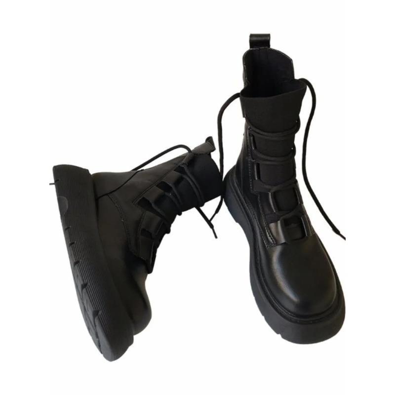 Black Knitted Lace-up Riding Boots Female 2025 Designer's New Spring and Autumn Boots Thick-soled British Wind Locomotive Boots