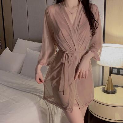 Sexy Bademantel-Set für Damen, tiefer V-Ausschnitt, Netzstoff, Spitze, Kreuz, rückenfrei, Unterkleid, Pyjama, Schnürbademantel, Homewear