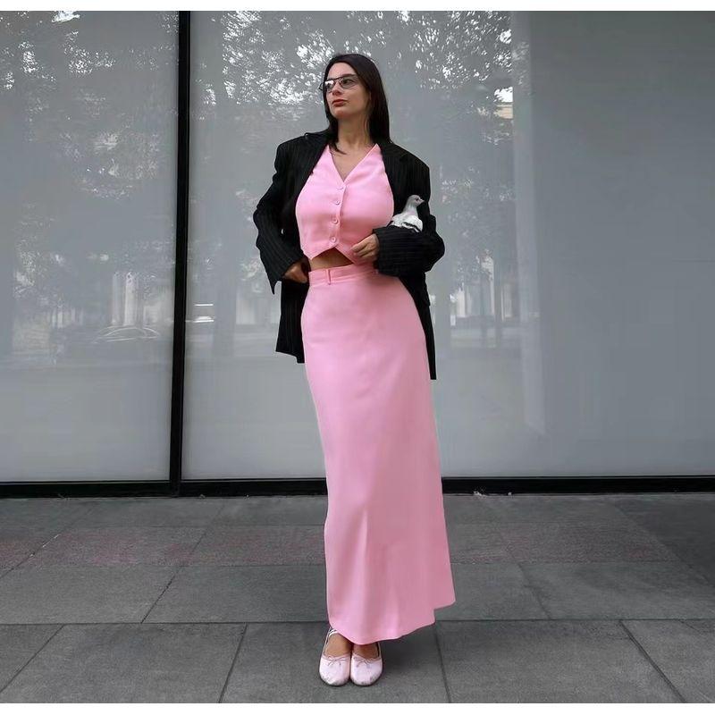 French New Sexy Vest Top Split Skirt Suit V-Neck Vest Half Skirt Set