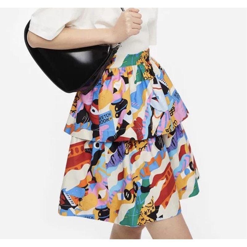 

Export Single H Family Cotton Joint-Name Series Color Graffiti Design Ruffles Elegance Lantern Sleeve Dress Floral Print Skirt S(36)