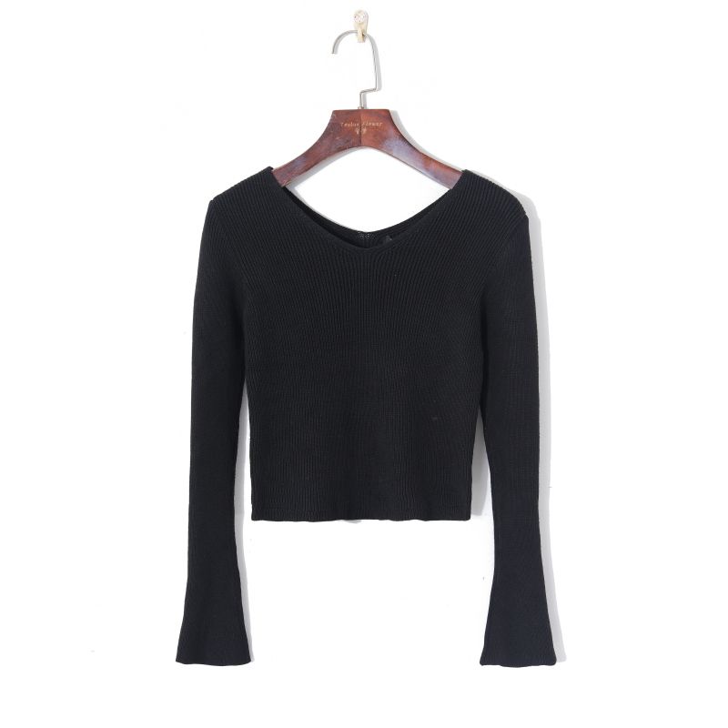 

Fresh V-neck Bell Sleeve Slim Sweater Pullover Black S