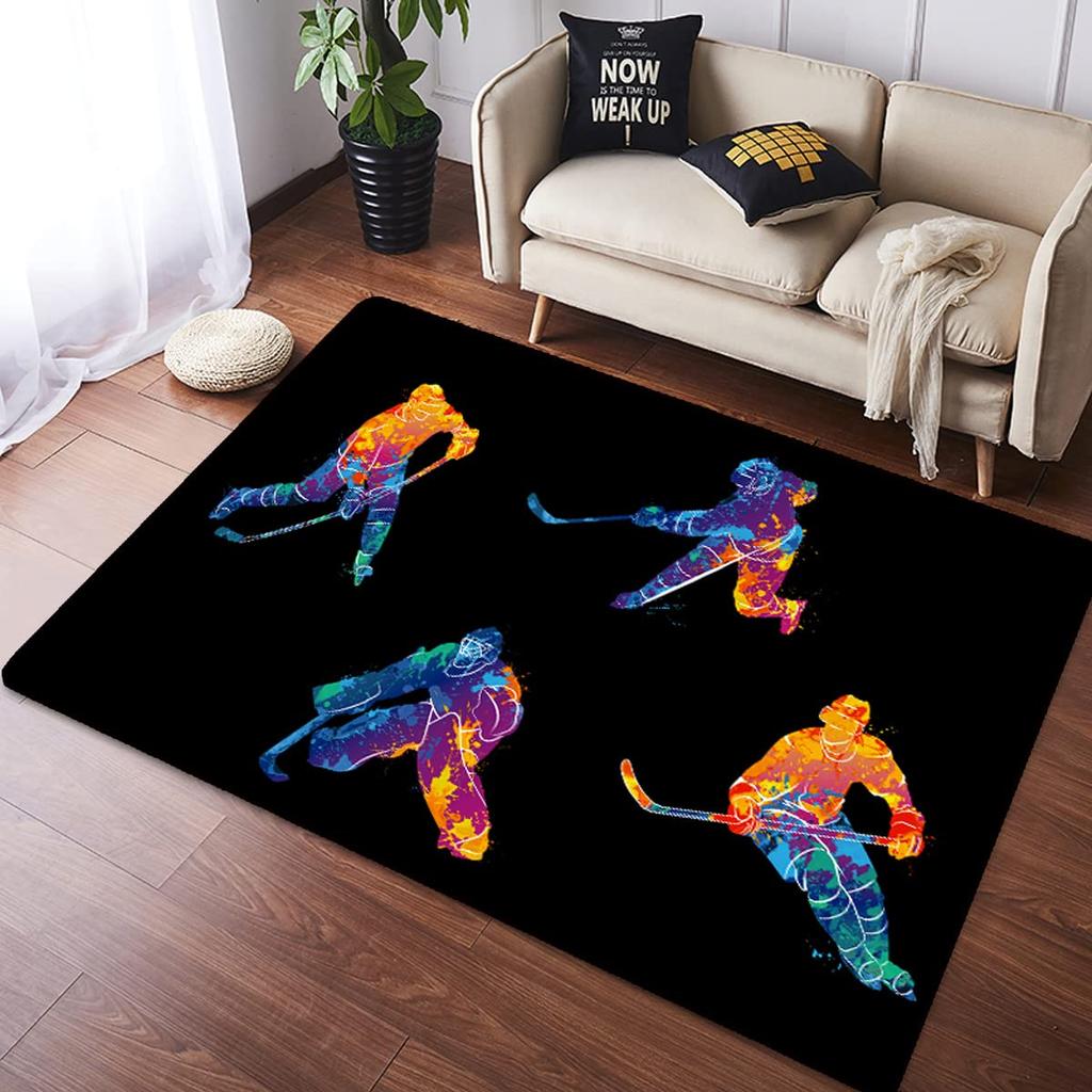 Eishockey Bereichsteppich Zuhause Plüsch Rutschfest Eishockey Sport Teppich für Wohnzimmer Schlafzimmer Spielzimmer Dekor Eishockeyspieler Fußmatte