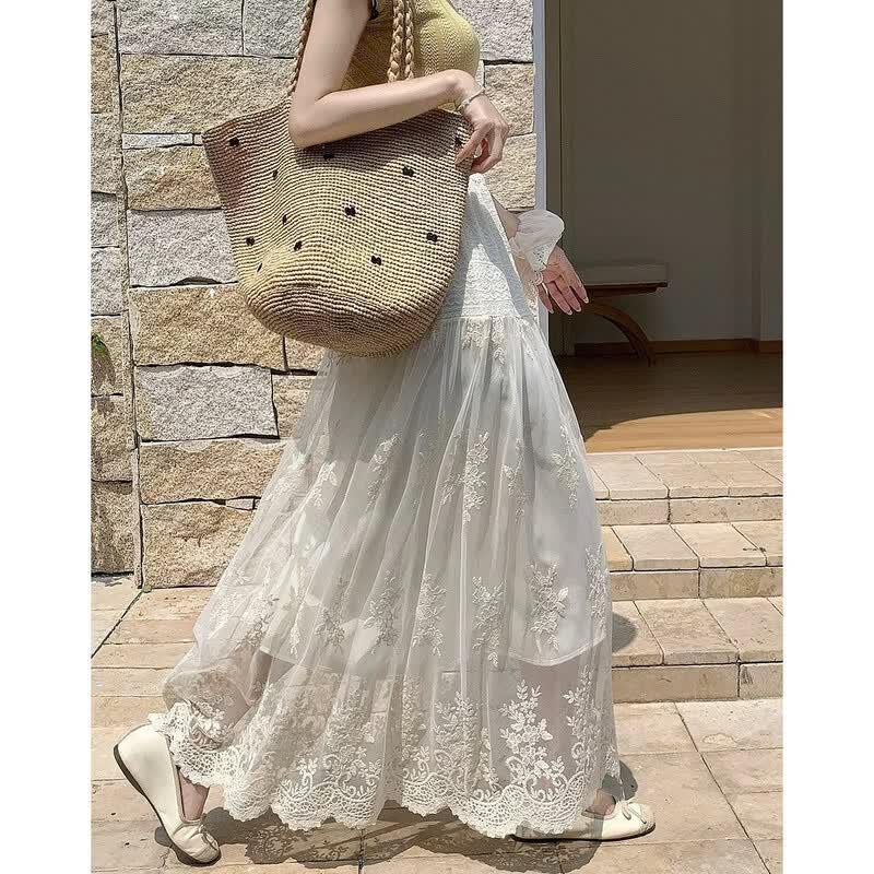 Demana Embroidered Lace Mesh High-Waisted Skirt M абрикосовый