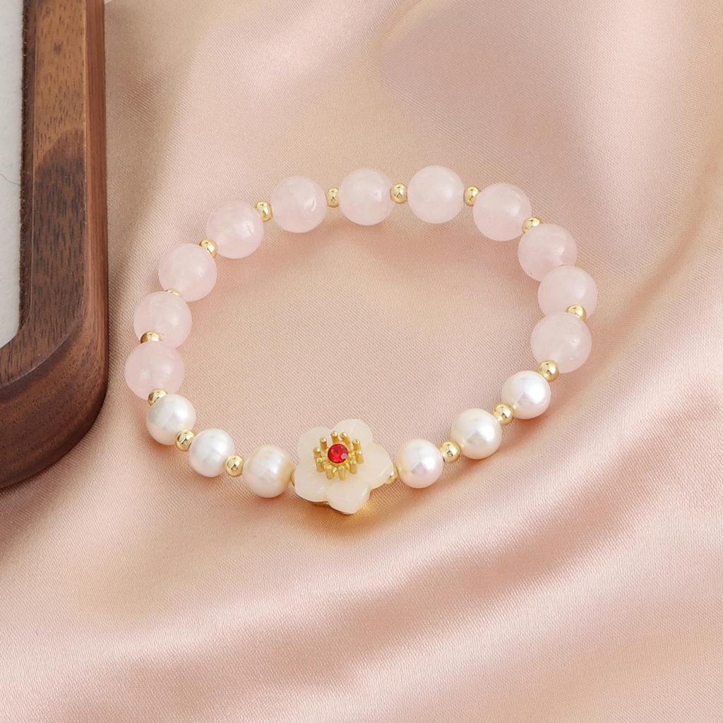 Natural Pearl & Rose Quartz Aquamarine Bracelet | Chinese Style Peach Blossom Jewelry