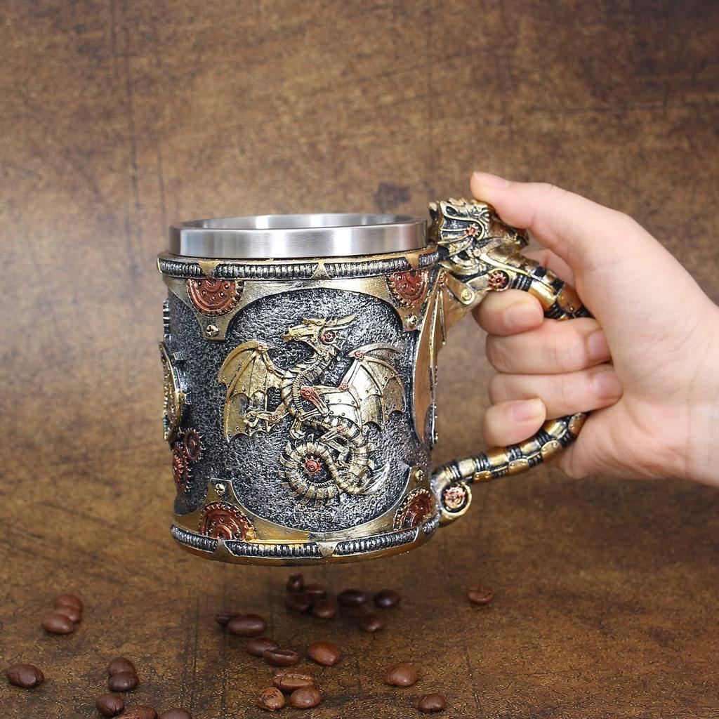 Vintage Medieval Steampunk Dragon Mug Stainless Steel Coffee Cup Metal Mechanical Loong Beer Cola Drinks Tools Men Office Gifts