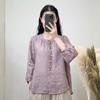 Cotton and Linen Shirt Women's Round Neck Embroidery Casual All-match Loose Summer Breathable Long-sleeved Shirt Women