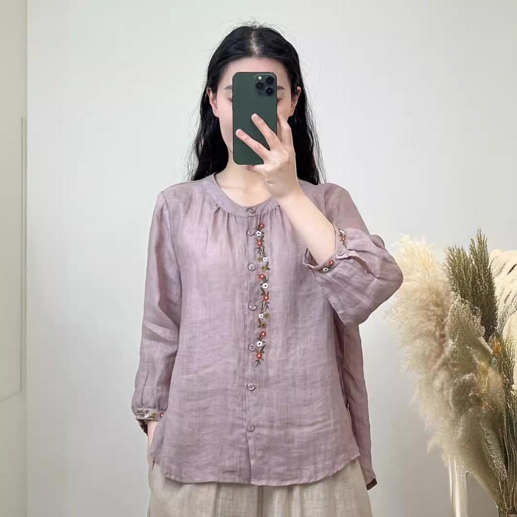 Cotton and Linen Shirt Women's Round Neck Embroidery Casual All-match Loose Summer Breathable Long-sleeved Shirt Women