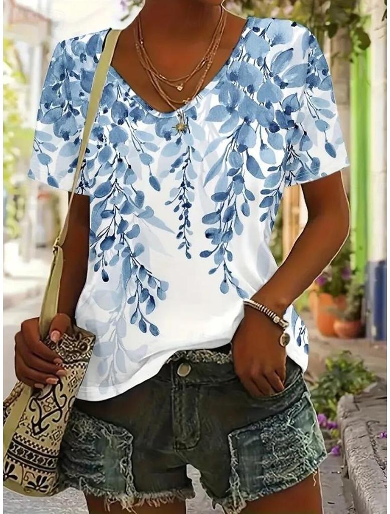 Καλοκαιρινό Γυναικείο T-Shirt Με Φλοράλ Γραφικό Φυτά Βίντατζ Τροπικό Χαβανέζικο Κοντομάνικο V-Neck Κανονικά Τοπ Καθημερινό Με Σχέδιο Ανοιξιάτικα T-Shirts
