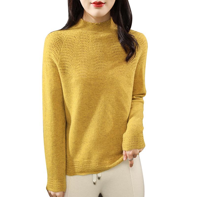 Women's Half-High Collar Wool Knit Sweater: Long Sleeve, Versatile Base Layer with Hollow Knit Design for Autumn and Winter