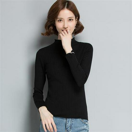 Damski cienki wełniany sweter - Wiosna/Jesień 2022, dzianinowy top z długim rękawem i półwysokim kołnierzem