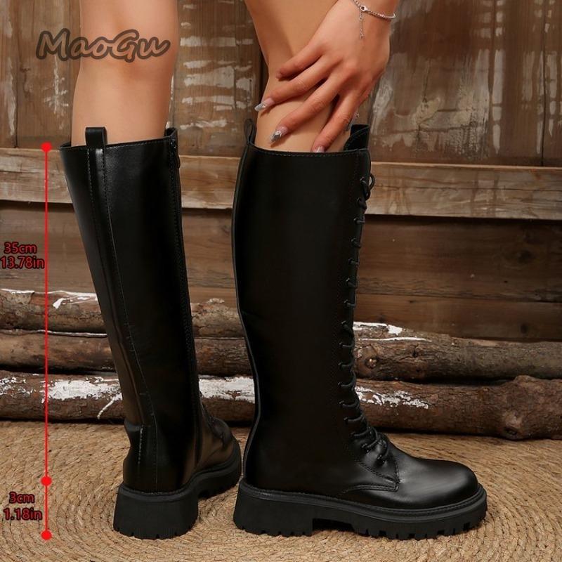 Fashion 2025 Autumn New High Top Motorcycle Boots Black Knee High Side Zipper Long Leather Boots Fashion Botas Largas Mujer Size 35 40