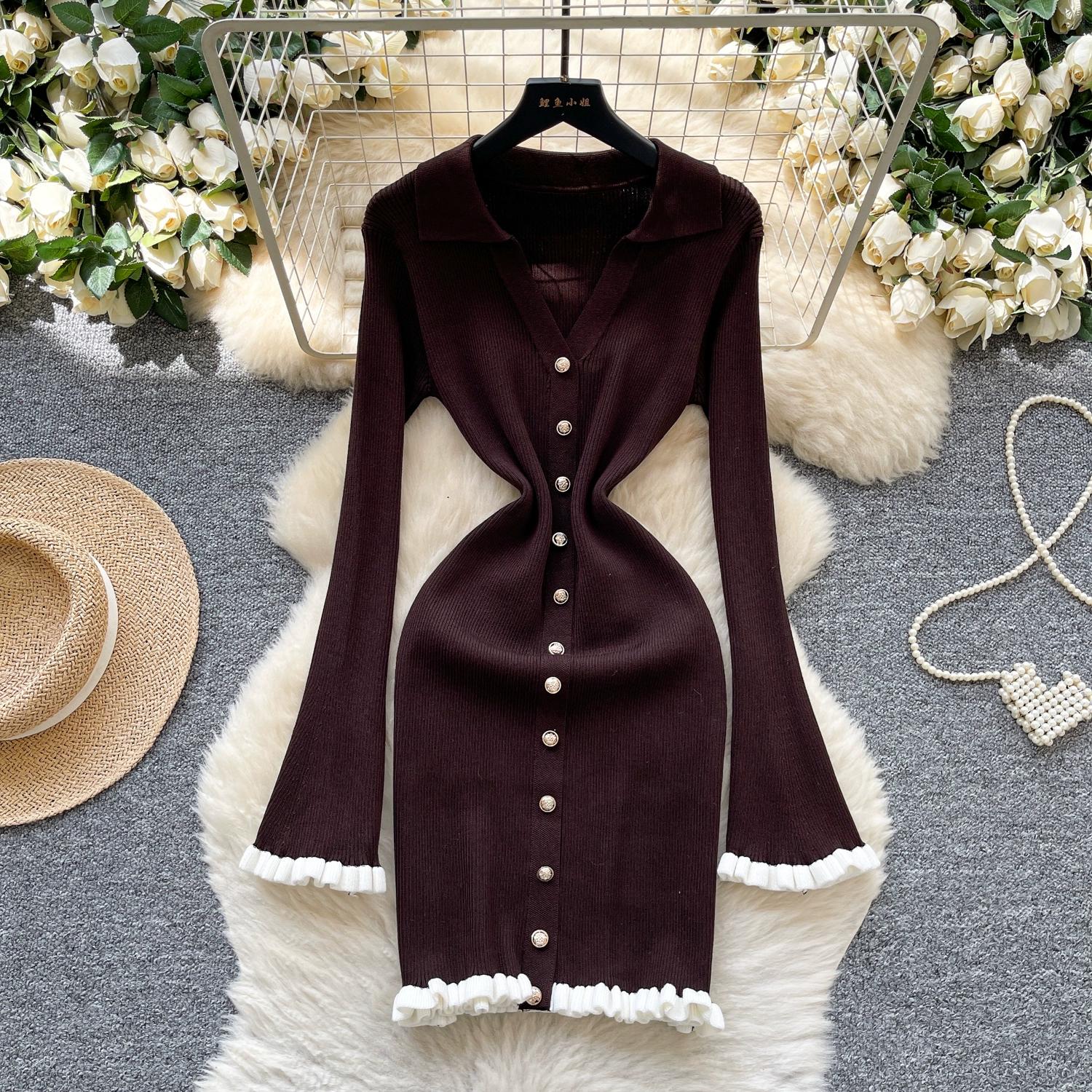 

Весенне-осенние женские платья-мини, облегающие фигуру, с отложным воротником и рукавами полной длины One Size темно-коричневого