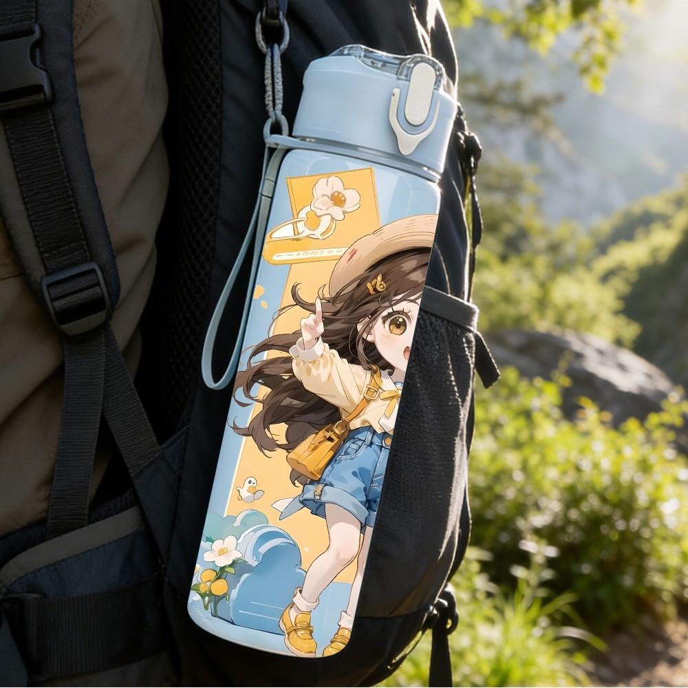 1PC Sun Hat Girl Countryside Scene Pattern 750ml Color Plastic Sports Water Bottle Leakproof Flip Straw Lid Suitable for Sports Office Home Use
