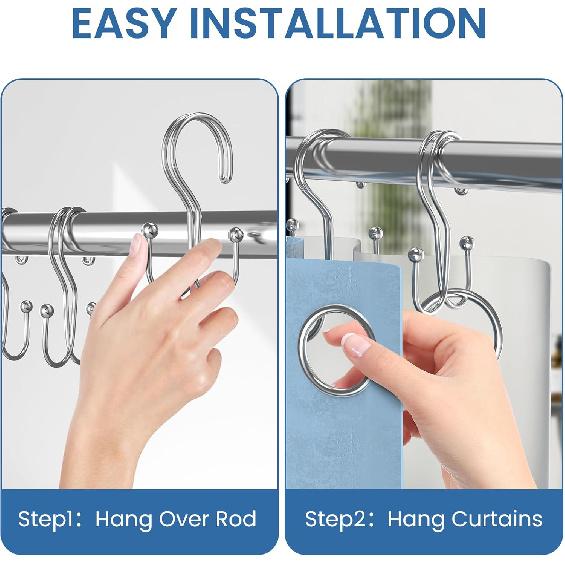 Chrome Shower Curtain Hooks Double Sided,Rust Proof Double Shower Curtain Rings for Bathroom Shower Rods, Anti-Drop Double Shower Rings for Curtain,
