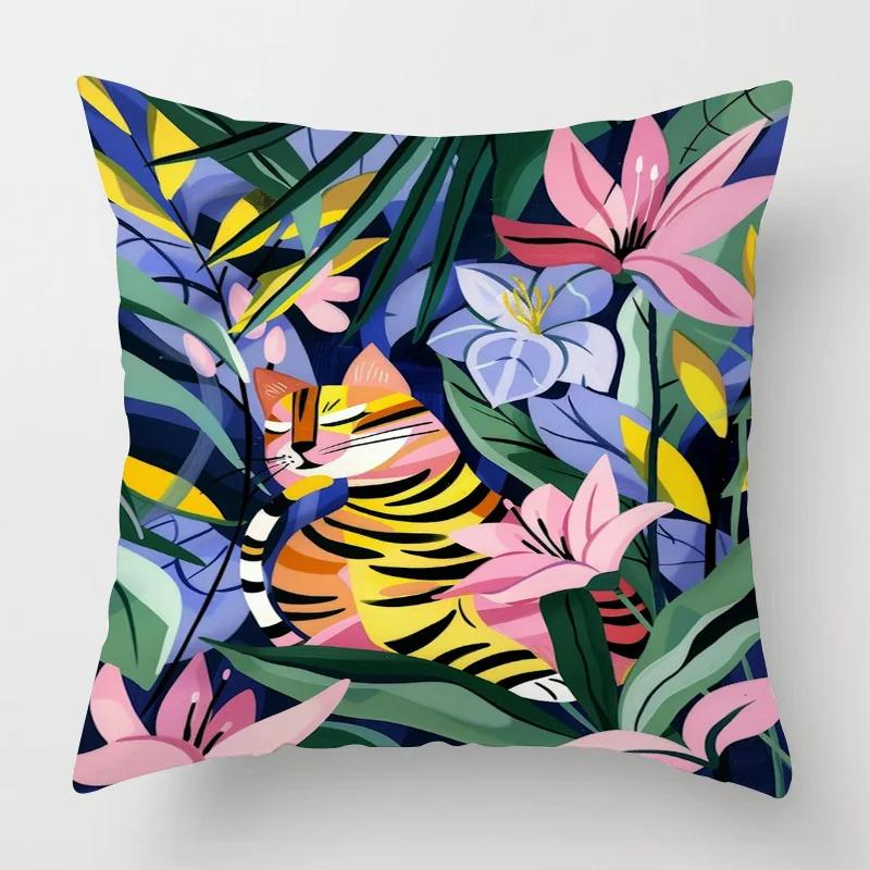 Home Decor Cat & Tropical Plant Patterned Pillow Covers Pattern Cushion Cover Suitable for Sofa Bedroom Car Pillow Cover