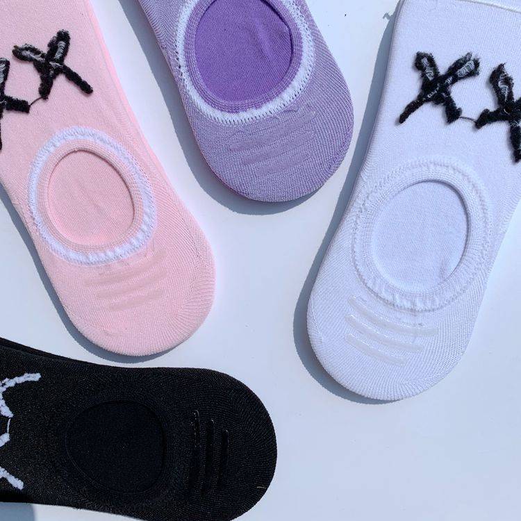 5 Pairs of Men and Women Shallow Socks Spring and Summer Tide College Style Creative Leisure Short Purple White Rubber Cotton Socks Wholesale