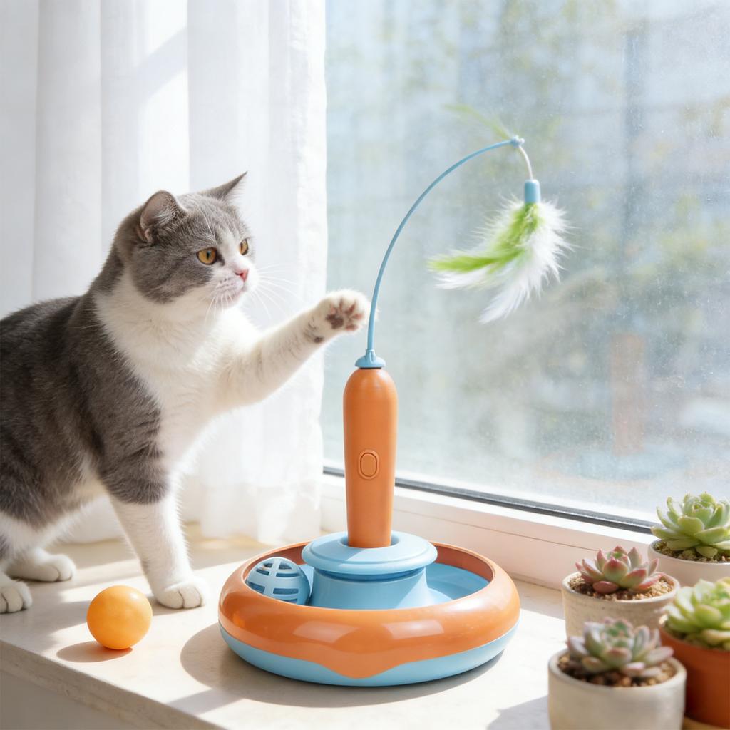Electric Automatic Cats Toy: Rotating Feather Wand & Turntable Bell Ball – Self-Play Interactive Pet Toy For Cats