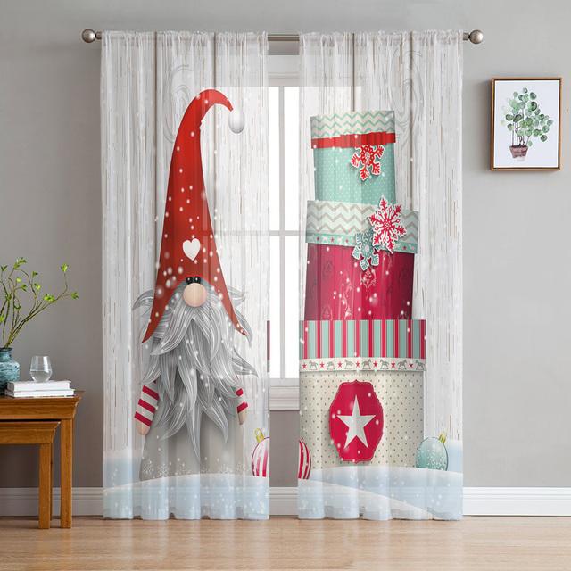 Christmas Gnome Wood Grain Snow Tulle Curtains For Living Room Decoration Modern Chiffon Sheer Voile Christmas Curtains