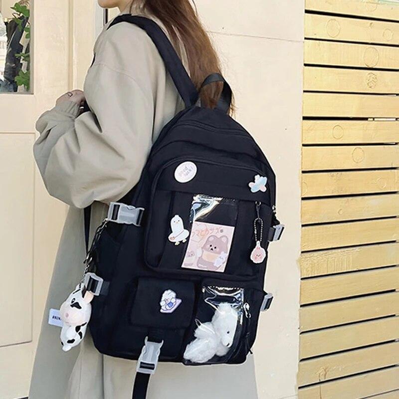 Kawaii Multi-Pocket Waterproof Nylon School Backpack for Women and Girls Cute Laptop Book Pack for Students