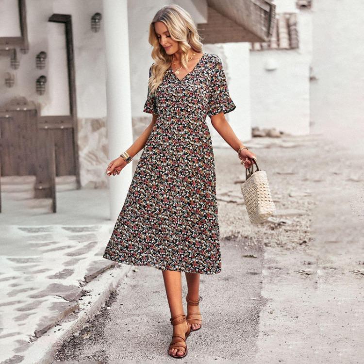 Damen Sommer Blumenmuster Kurzarm Hohe Taille A-Linie Urlaubs Kleider Hals