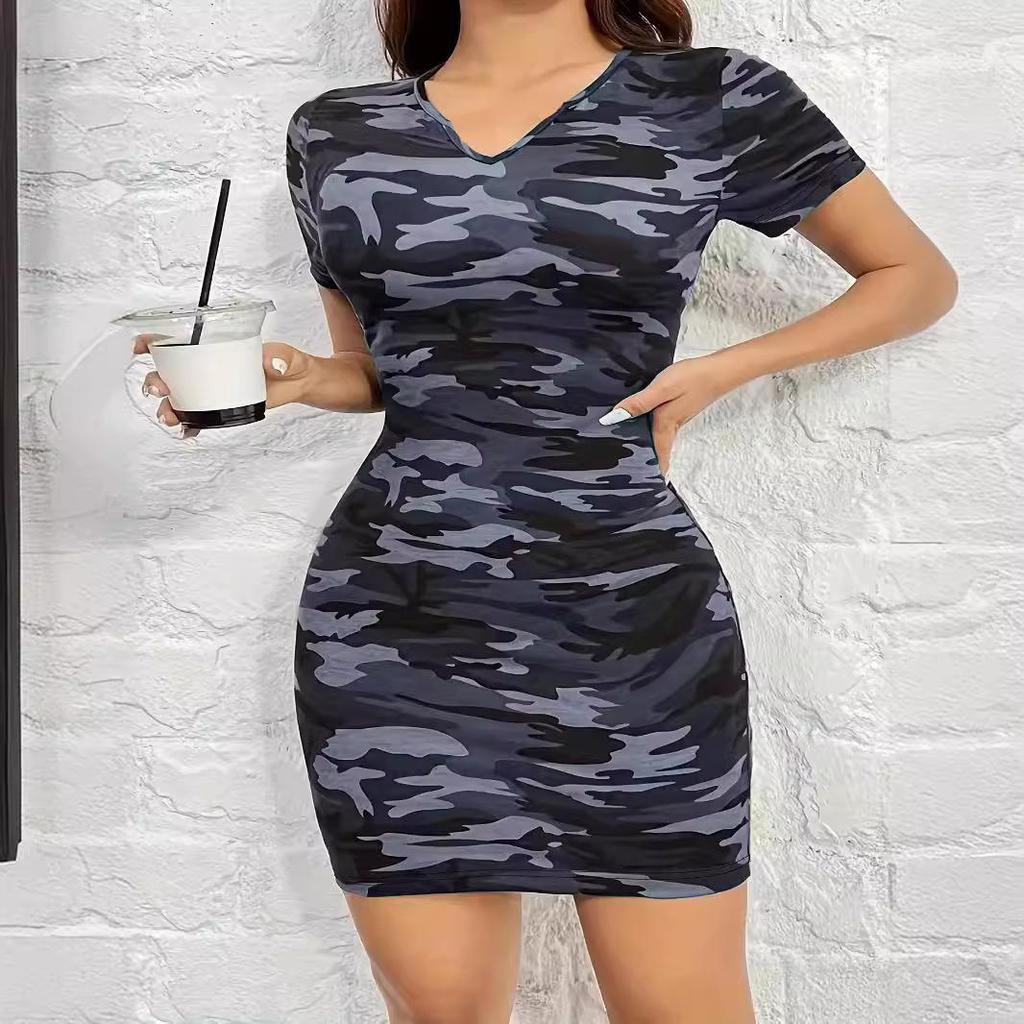 Women's Short Sleeve V-neck Camouflage Print Casual Slim Short Dress