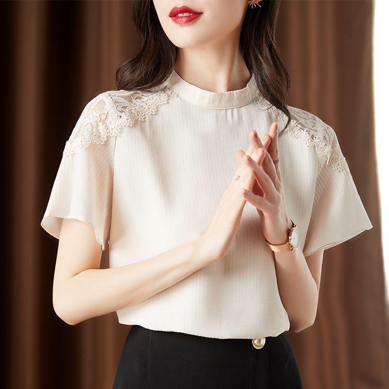 Chic Chinese Style Summer Blouse Womens Lace Short Sleeve Casual Fashion Chiffon Top